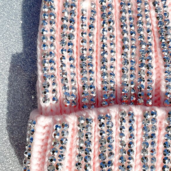 Silver Rhinestone Faux Fur Pom Pom Winter Ski Beanie